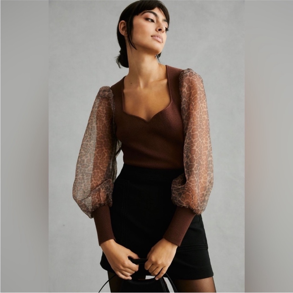 NWT Anthropologie Dolan Left Coast Brown Animal Print Puff Sleeve Sweater